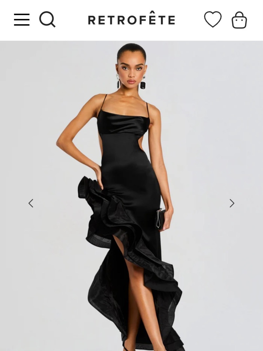 Retrofête Black Satin High-Low Ruffle Evening Dress